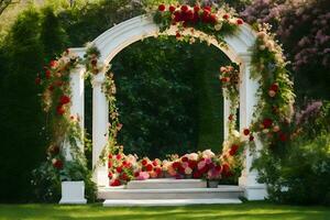 un Boda arco decorado con flores y verdor. generado por ai foto