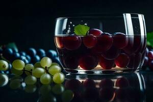a glass of red wine with grapes on a black background. AI-Generated photo