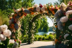 un Boda arco decorado con flores y globos generado por ai foto