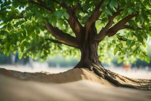 a tree with roots growing out of the sand. AI-Generated photo