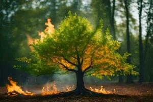a tree with flames coming out of it in the middle of a forest. AI-Generated photo