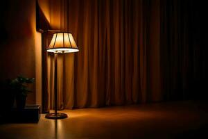 un lámpara en un mesa en frente de un cortina. generado por ai foto