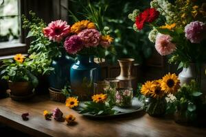 flores en floreros en un mesa. generado por ai foto