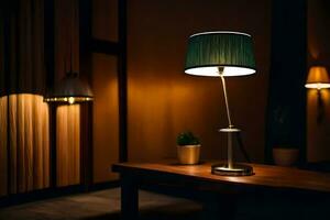 a lamp is sitting on a table in a dark room. AI-Generated photo