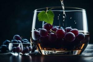 un vaso de vino con uvas y hojas. generado por ai foto