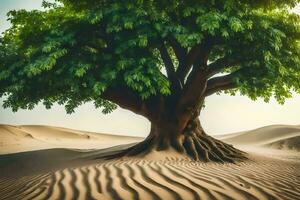 a tree in the desert with sand dunes. AI-Generated photo