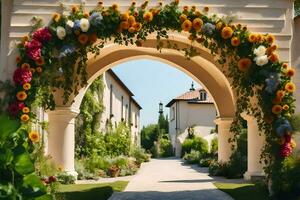 a walkway with flowers and archway leading to a building. AI-Generated photo