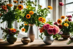 flowers in vases on a table. AI-Generated photo