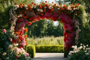 a flower archway is decorated with flowers. AI-Generated photo