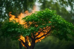 un árbol con llamas viniendo fuera de él. generado por ai foto