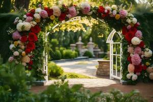 an archway with flowers and greenery. AI-Generated photo