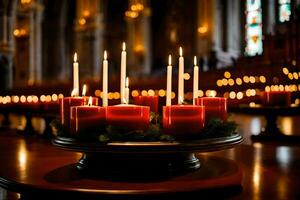 un grupo de rojo velas sentar en un mesa en un iglesia. generado por ai foto