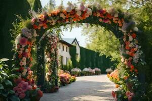 an archway with flowers and greenery. AI-Generated photo