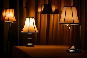 three lamps are on a table in front of a curtain. AI-Generated photo