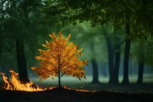 a single tree in the middle of a forest with flames. AI-Generated photo