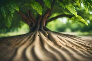 a tree with roots in the sand. AI-Generated photo