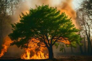 a tree is burning in the middle of a field. AI-Generated photo