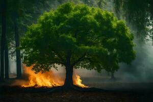 a tree is burning in the middle of a forest. AI-Generated photo