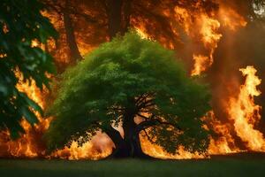 un árbol es ardiente en el medio de un campo. generado por ai foto