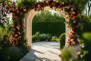 a flower archway is decorated with colorful flowers. AI-Generated photo