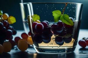 uvas en un vaso de agua. generado por ai foto