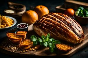 a roasted turkey on a cutting board with potatoes and other ingredients. AI-Generated photo