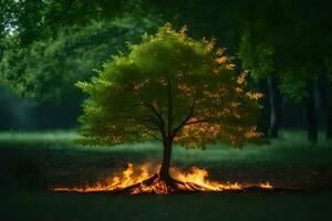 a tree with flames coming out of it in the middle of a forest. AI-Generated photo