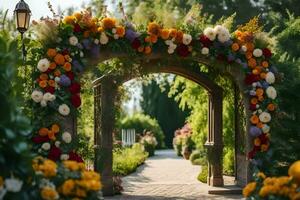 a beautiful archway decorated with flowers and greenery. AI-Generated photo