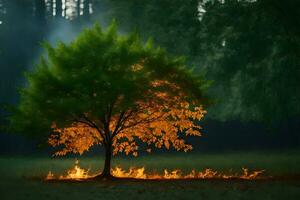 un árbol es ardiente en el medio de un campo. generado por ai foto