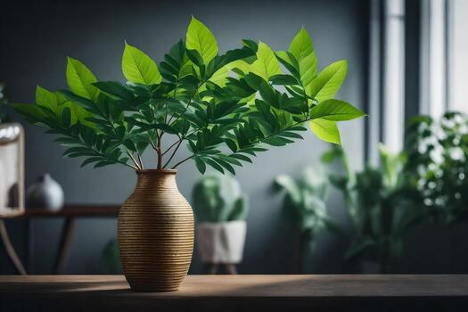 a vase with green leaves on a table. AI-Generated photo
