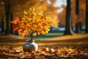 autumn leaves in a vase on the ground in a park. AI-Generated photo