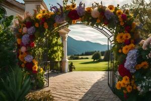 a flower archway in front of a house with mountains in the background. AI-Generated photo