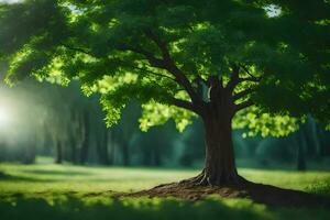 un árbol en el medio de un verde campo. generado por ai foto