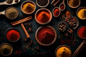 various spices and spices on a black background. AI-Generated photo