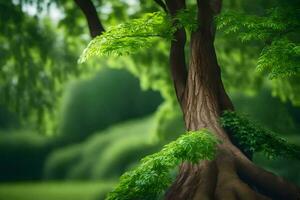 un árbol con verde hojas y raíces en el medio de un campo. generado por ai foto