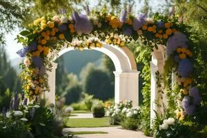 a wedding arch decorated with flowers and greenery. AI-Generated photo