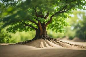 un árbol en el arena con un borroso antecedentes. generado por ai foto