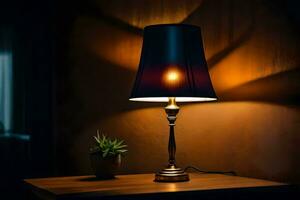 a lamp on a table in a dark room. AI-Generated photo