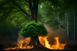 a tree is burning in the middle of a forest. AI-Generated photo