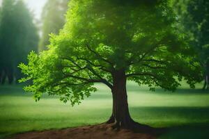 un árbol es en pie en el medio de un campo. generado por ai foto