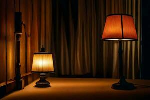 two lamps are sitting on a table in the dark. AI-Generated photo