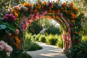 an archway with flowers and greenery. AI-Generated photo