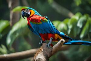 a colorful parrot sits on a branch. AI-Generated photo