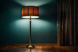 a lamp on a wooden floor in front of a dark blue wall. AI-Generated photo