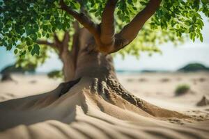 a tree with roots in the sand. AI-Generated photo