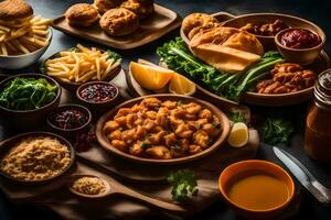 a variety of food on a wooden table. AI-Generated photo