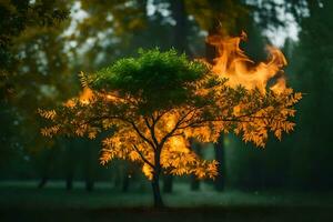 a tree with flames coming out of it. AI-Generated photo