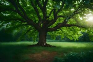 a large tree in the middle of a green field. AI-Generated photo