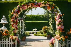 a flower archway is decorated with flowers. AI-Generated photo