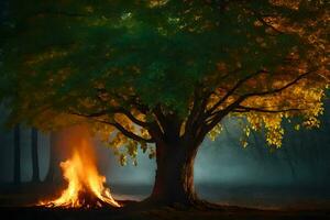 a tree with flames and smoke in the dark. AI-Generated photo